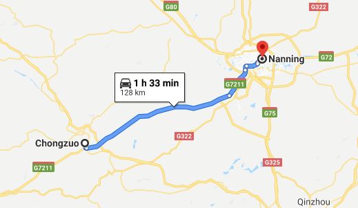 Route map Chongzuo to Vietnamese Consulate in Nanning