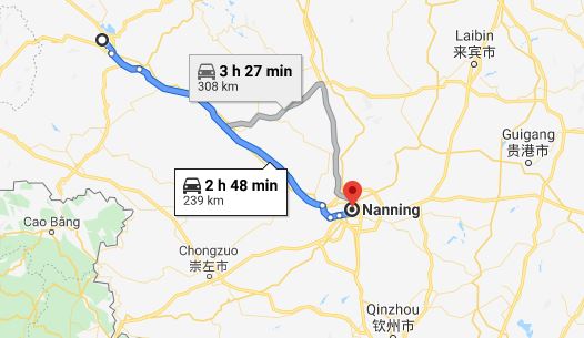 Route map from Baise to Vietnamese Consulate in Nanning