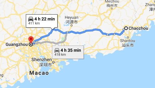 Route map from Chaozhou to the Vietnamese Embassy in Guangzhou
