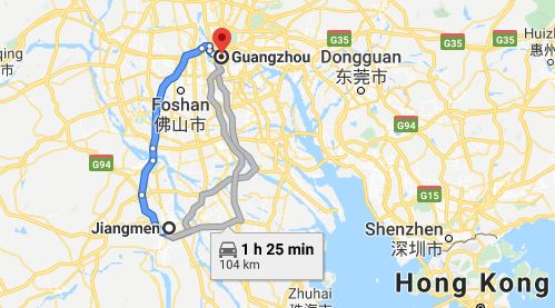 Route map from Jiangmen to Vietnamese Embassy in Guangzhou