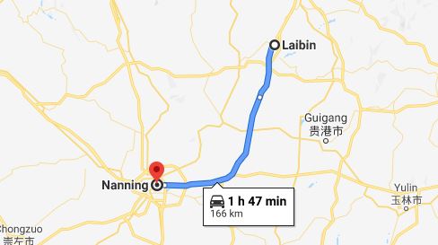 Route map from Laibin to Vietnamese Consulate in Nanning