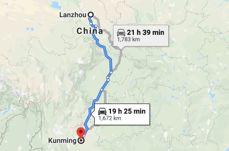Route map from Lanzhou to the Vietnamese Vietnamese Consulate in Kunming
