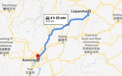 Route map from Liupanshui to Vietnamese Consulate in Kunming
