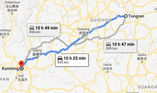 Route map from Tongren to Vietnamese Consulate in Kunming