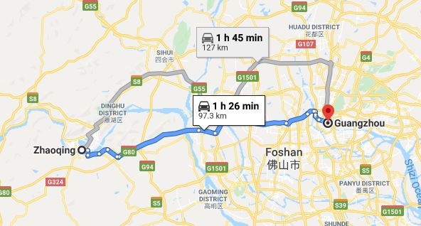 Route map from Zhaoqing to Vietnamese Embassy in Guangzhou