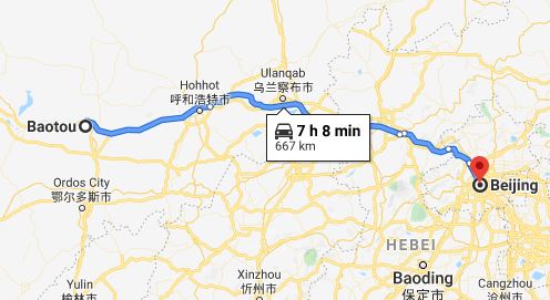 Route map from Baotou to the Vietnamese Embassy in Beijing