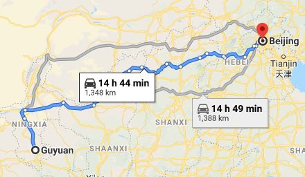 Route map from Guyuan to the Vietnamese Embassy in Beijing