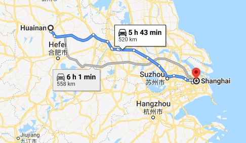 Route map from Huainan to the Vietnamese Consulate in Shanghai