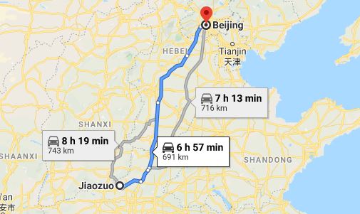 Route map from Jiaozuo to the Vietnamese Embassy in Beijing