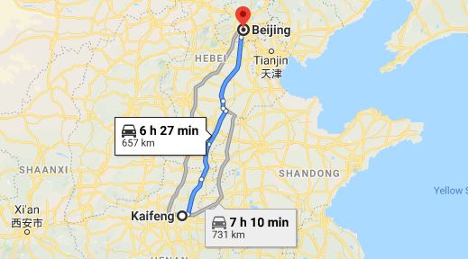 Route map from Kaifeng to the Vietnamese Embassy in Beijing