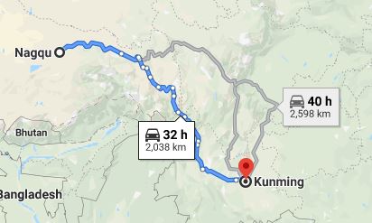 Route map from Nagqu to the Vietnamese Consulate in Kunming