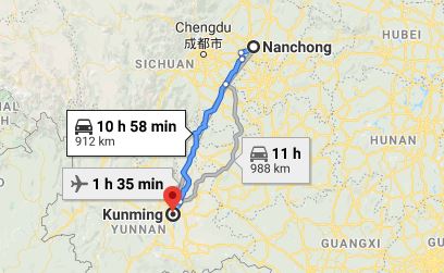 Route map from Nanchong to the Vietnamese Consulate in Kunming