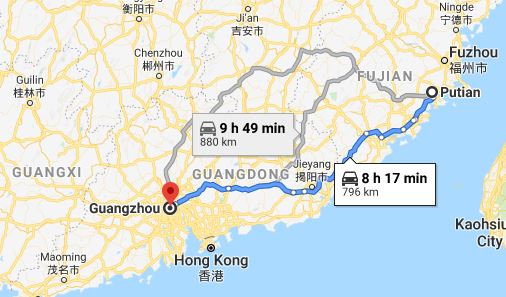 Route map from Putian to the Consulate of Vietnam in Guangzhou