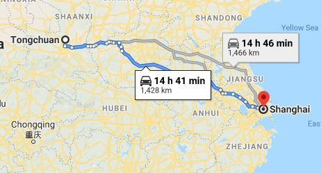Route map from Tongchuan to the Vietnamese Consulate in Shanghai