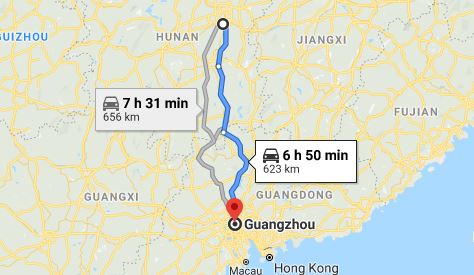 Route map from Xiangtan to the Consulate of Vietnam in Guangzhou