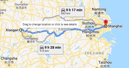 Route map from Xiaogan to the Vietnamese Consulate in Shanghai