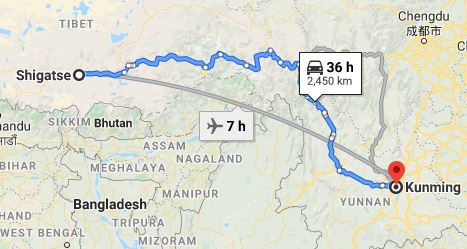 Route map from Xigazê to the Vietnamese Consulate in Kunming