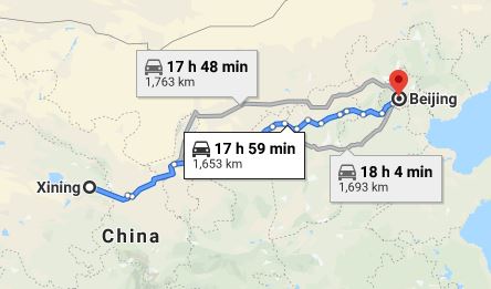 Route map from Xining to the Vietnamese Embassy in Beijing