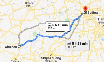 Route map from Xinzhou to the Vietnamese Embassy in Beijing