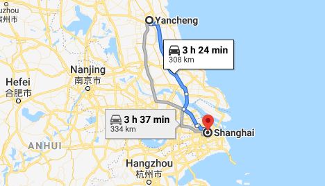 Route map from Yancheng to the Vietnamese Consulate in Shanghai