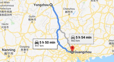 Route map from Yongzhou to the Consulate of Vietnam in Guangzhou