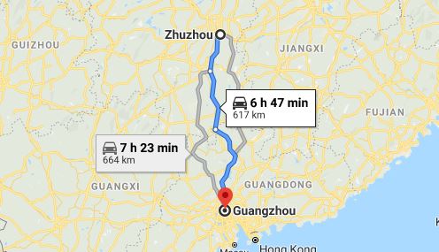 Route map from Zhuzhou to the Consulate of Vietnam in Guangzhou