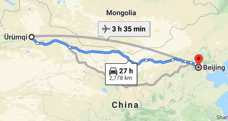 Route map from Ürümqi to the Vietnamese Embassy in Beijing