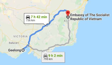 Route map from Geelong to the Embassy of Vietnam in Canberra