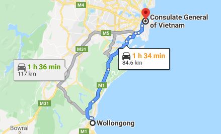 Route map from Wollongong to the Consulate of Vietnam in Sydney