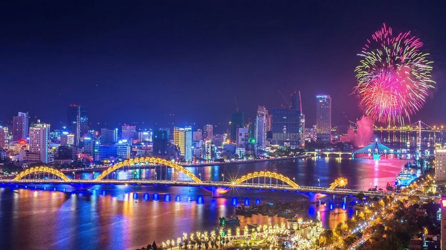 Fireworks display to celebrate the New Year at the Dragon Bridge in Da Nang City